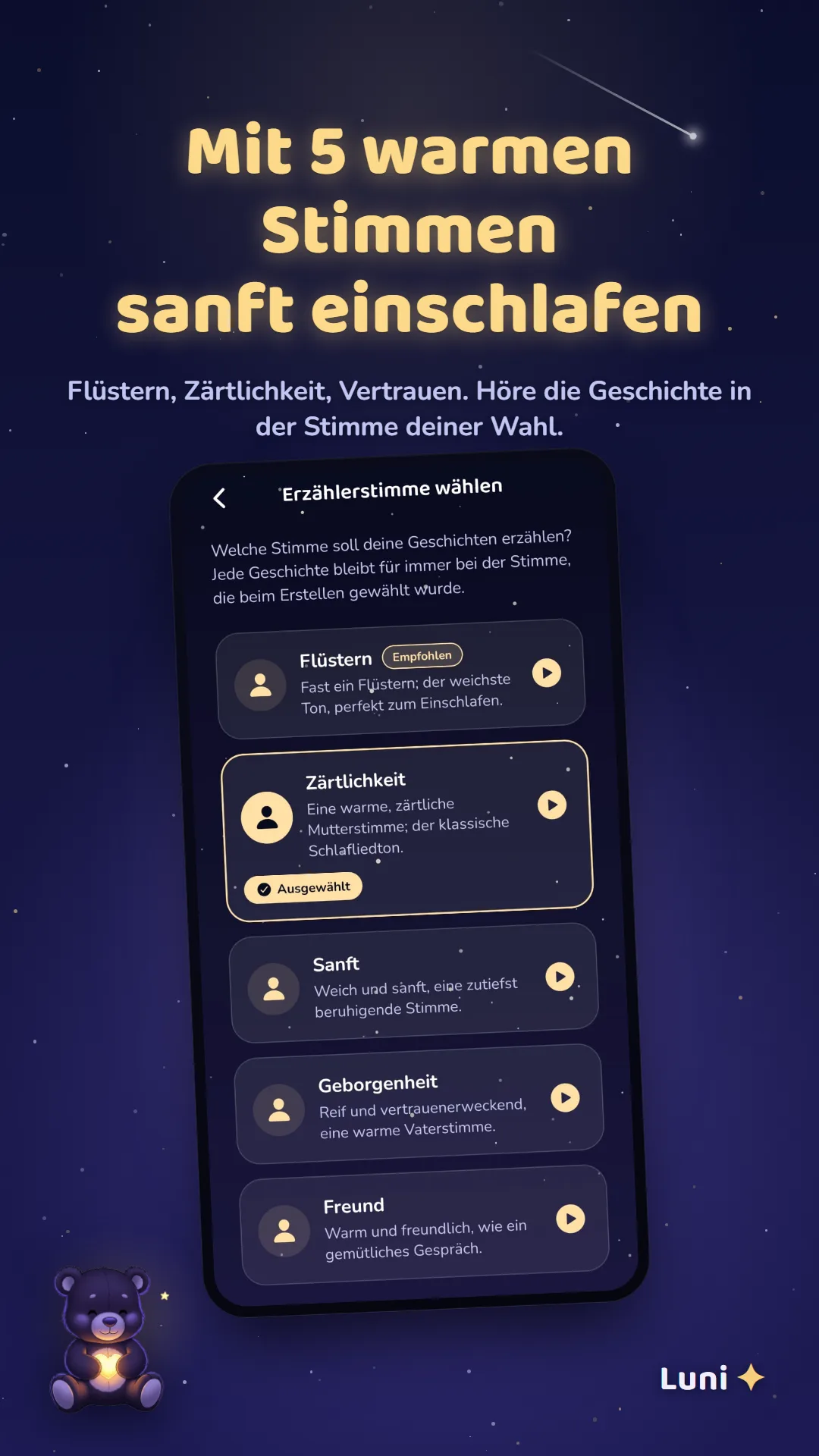 Eine beruhigende Erzählstimme für heute Abend auswählen