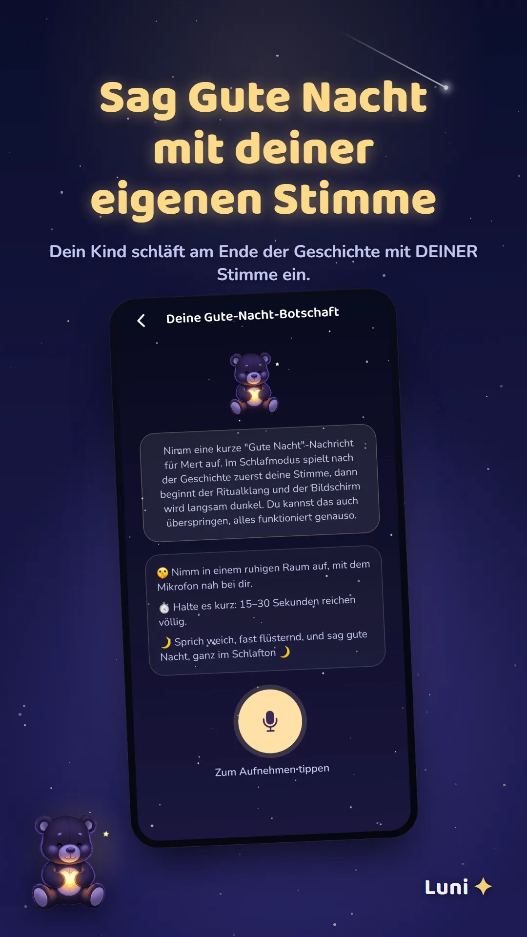 Eine von einem Elternteil aufgenommene Gute-Nacht-Nachricht