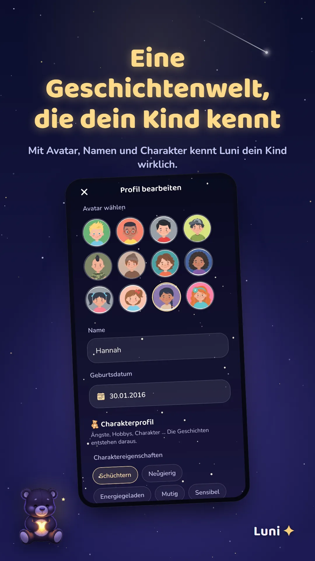 Profil und Charakter des Kindes einrichten