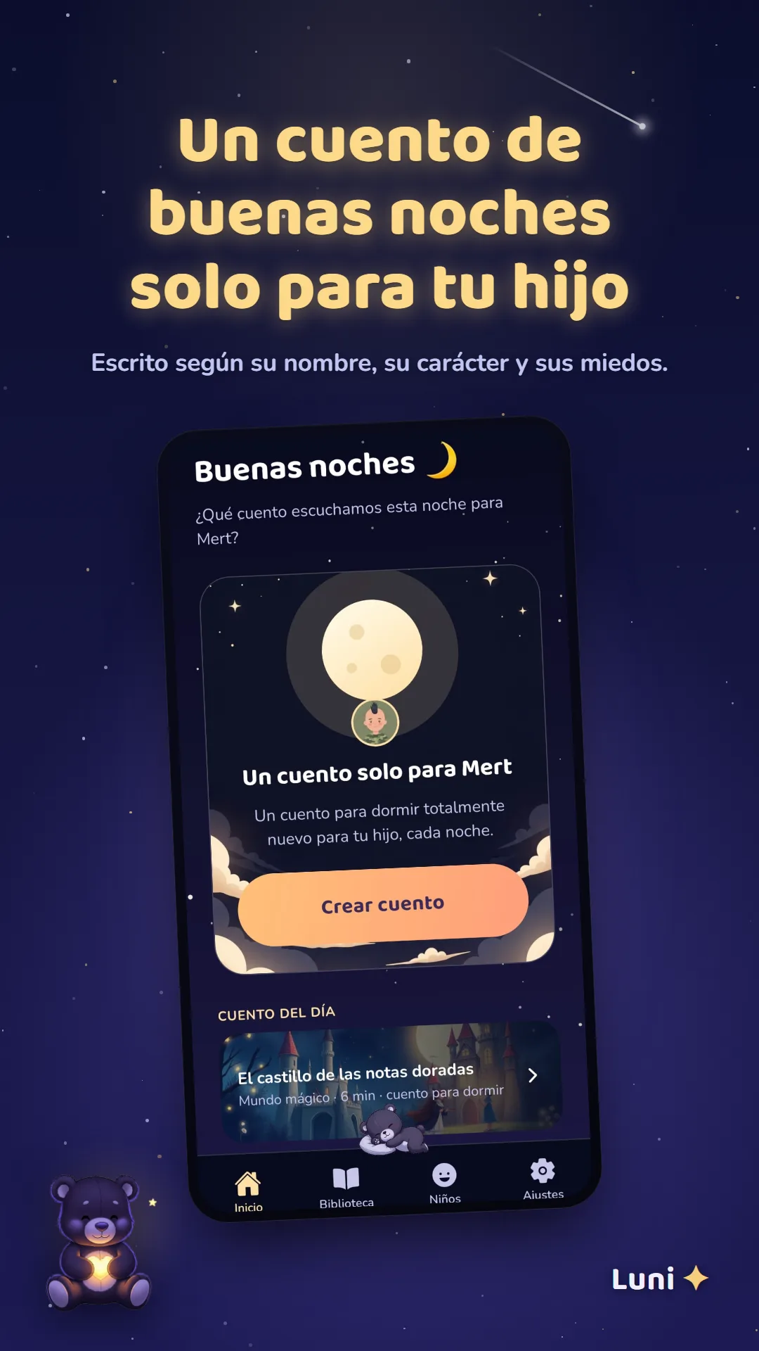 Pantalla de inicio de Luni con el cuento de esta noche listo