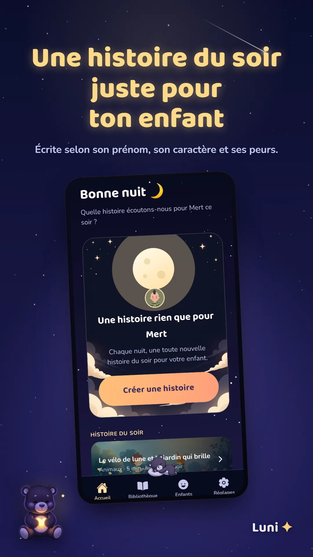 Écran d'accueil Luni avec l'histoire du soir prête