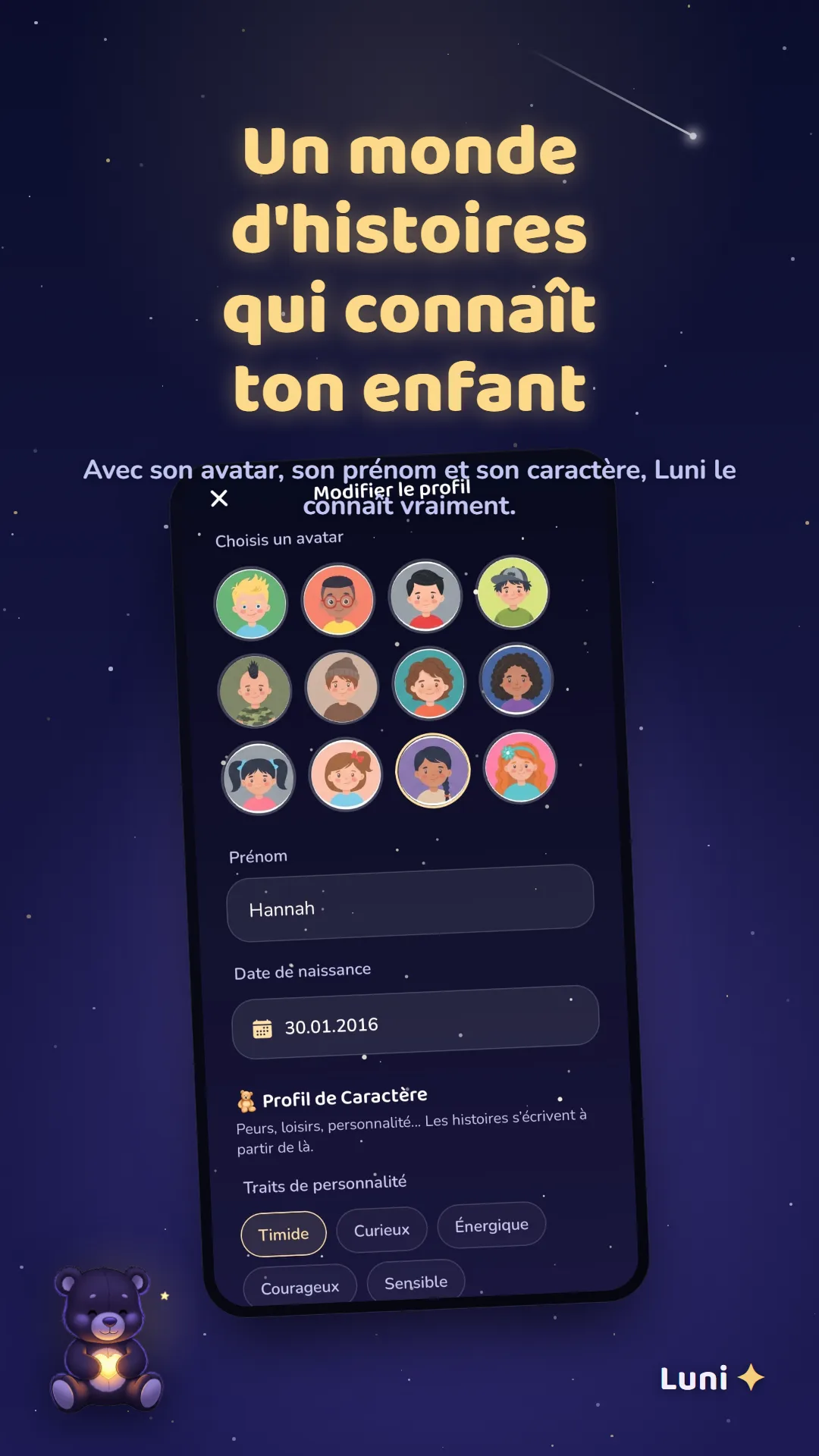 Création du profil et du personnage de l'enfant