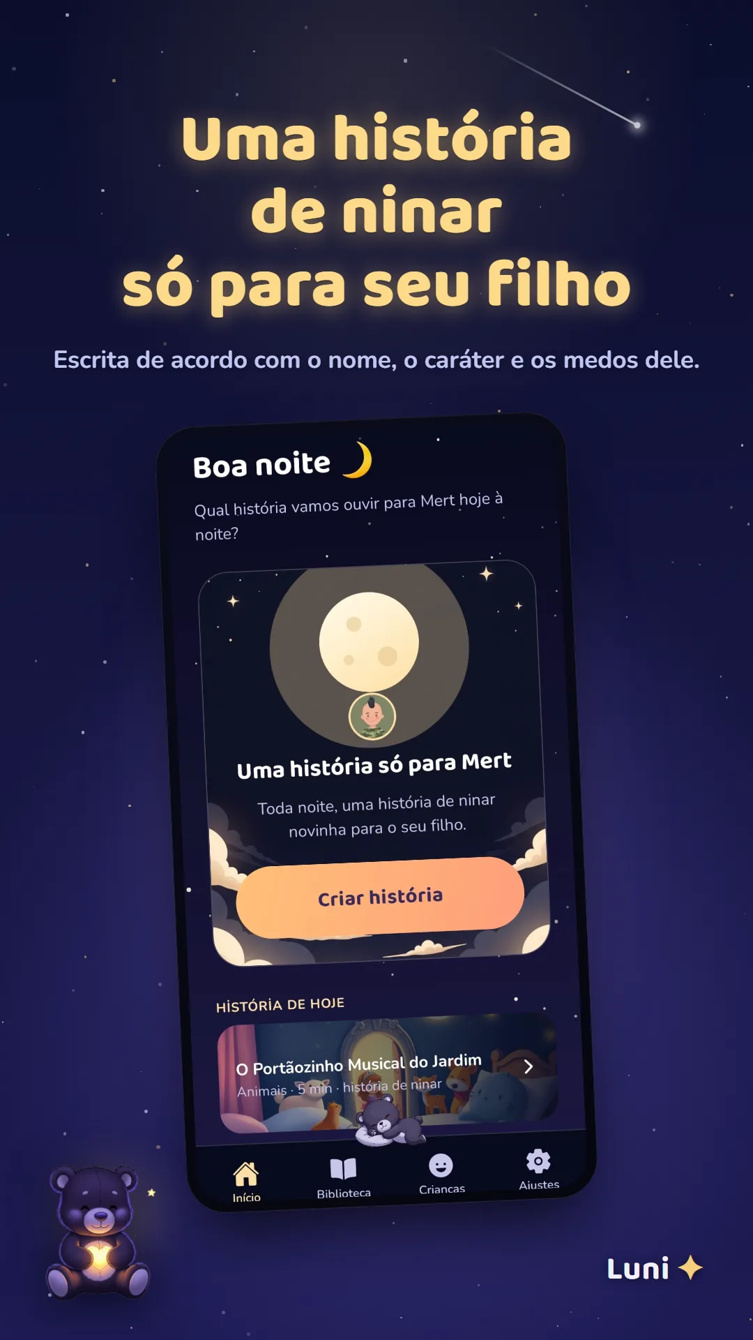 Tela inicial do Luni com a história de hoje pronta