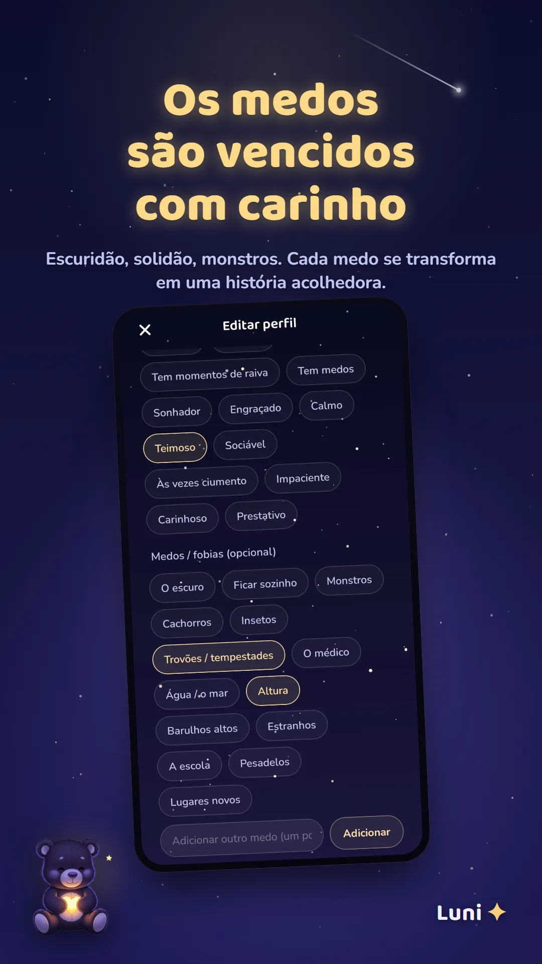 Trabalhando com carinho os medos da criança no perfil de personagem