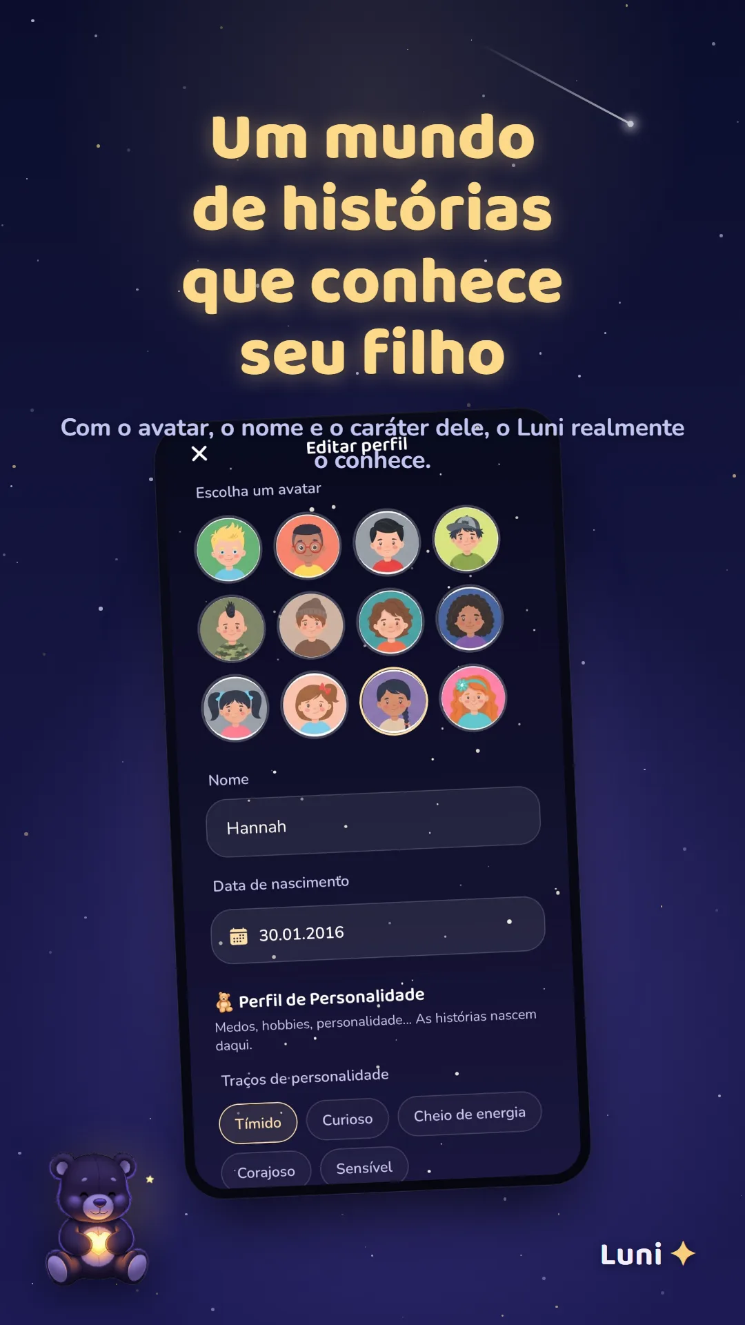 Criando o perfil e o personagem da criança