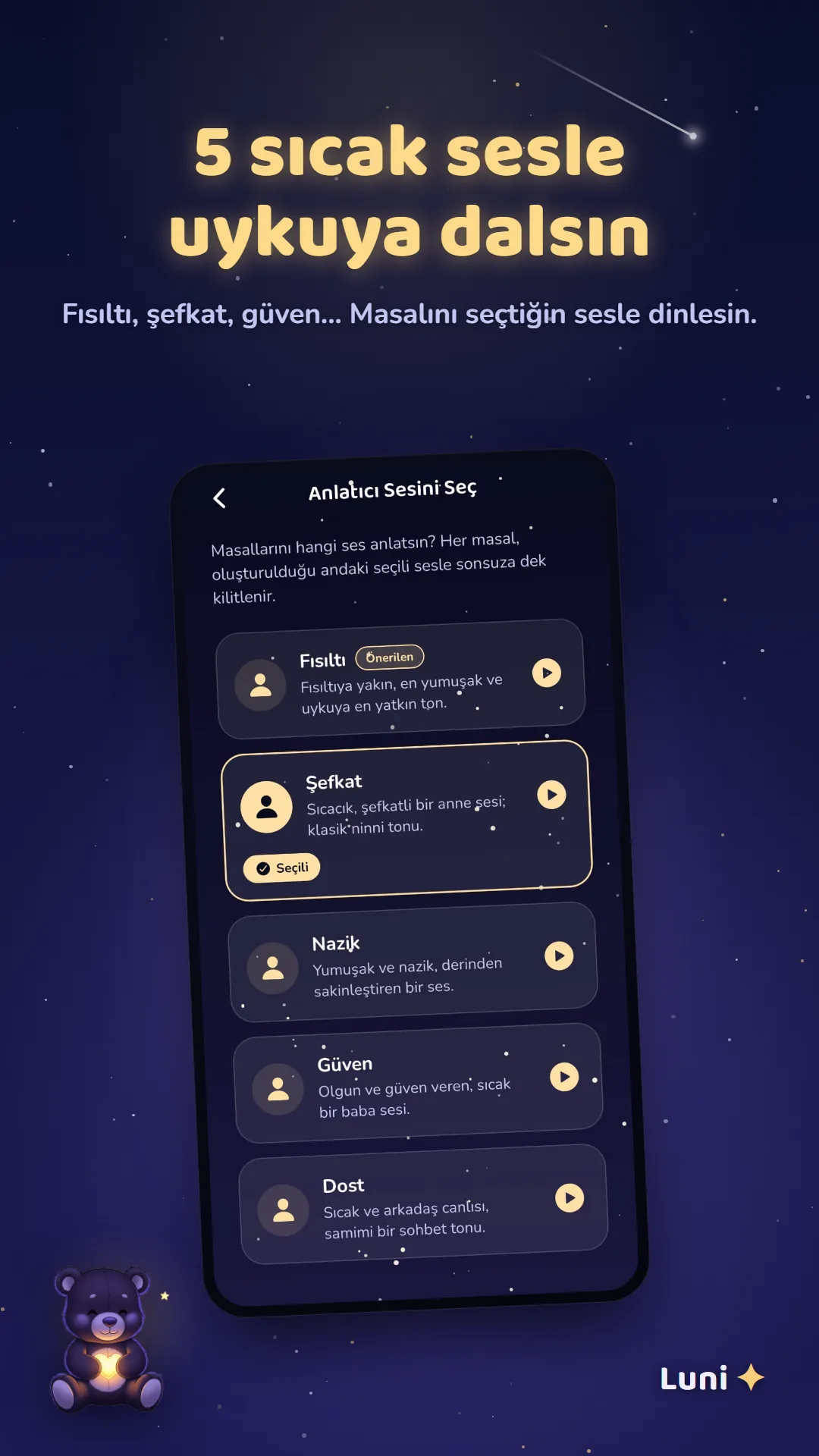 Bu geceye özel sakin bir anlatıcı sesi seçme